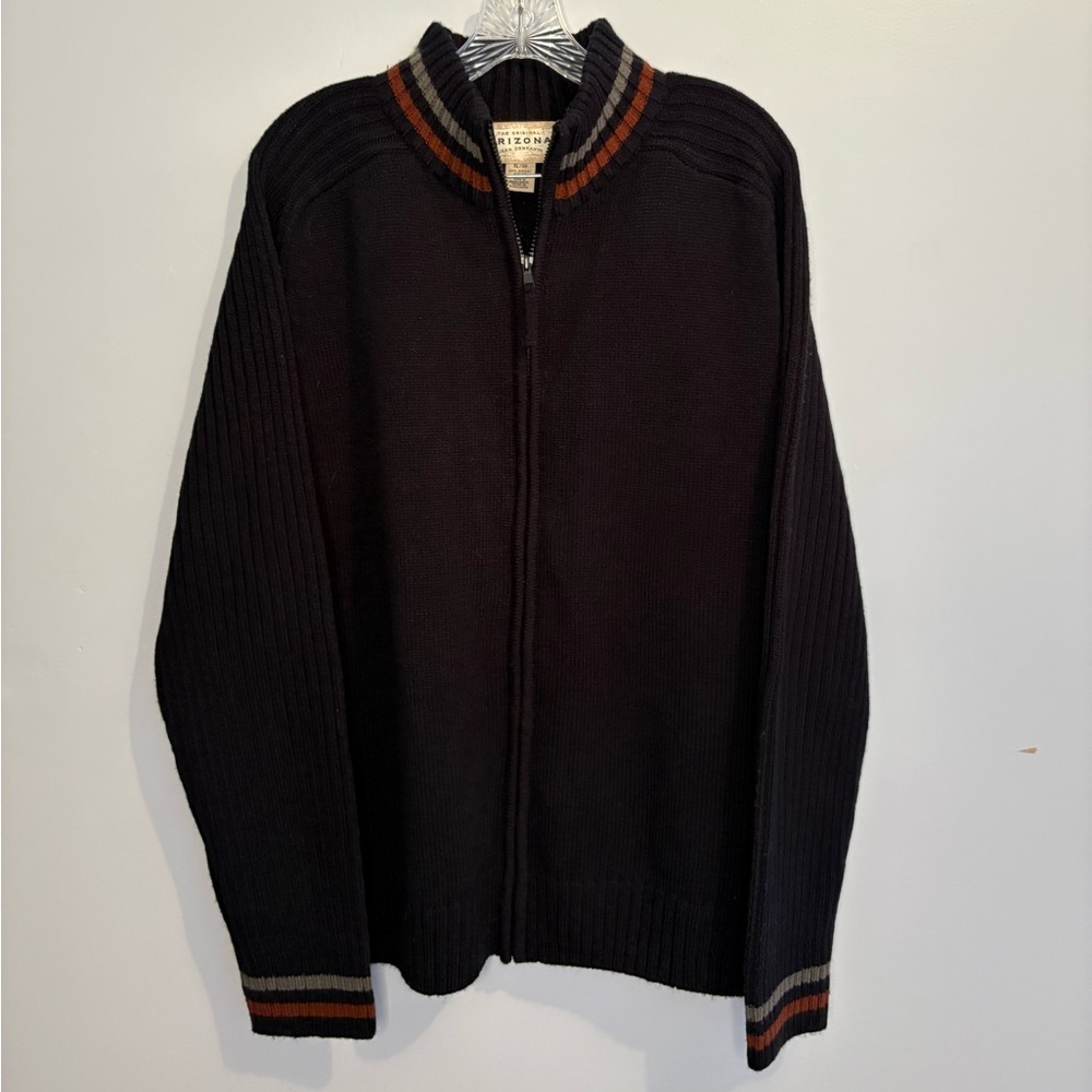 Vintage Arizona Men's XL Mock Neck Full Zip Sweater Black Striped Long Sleeve